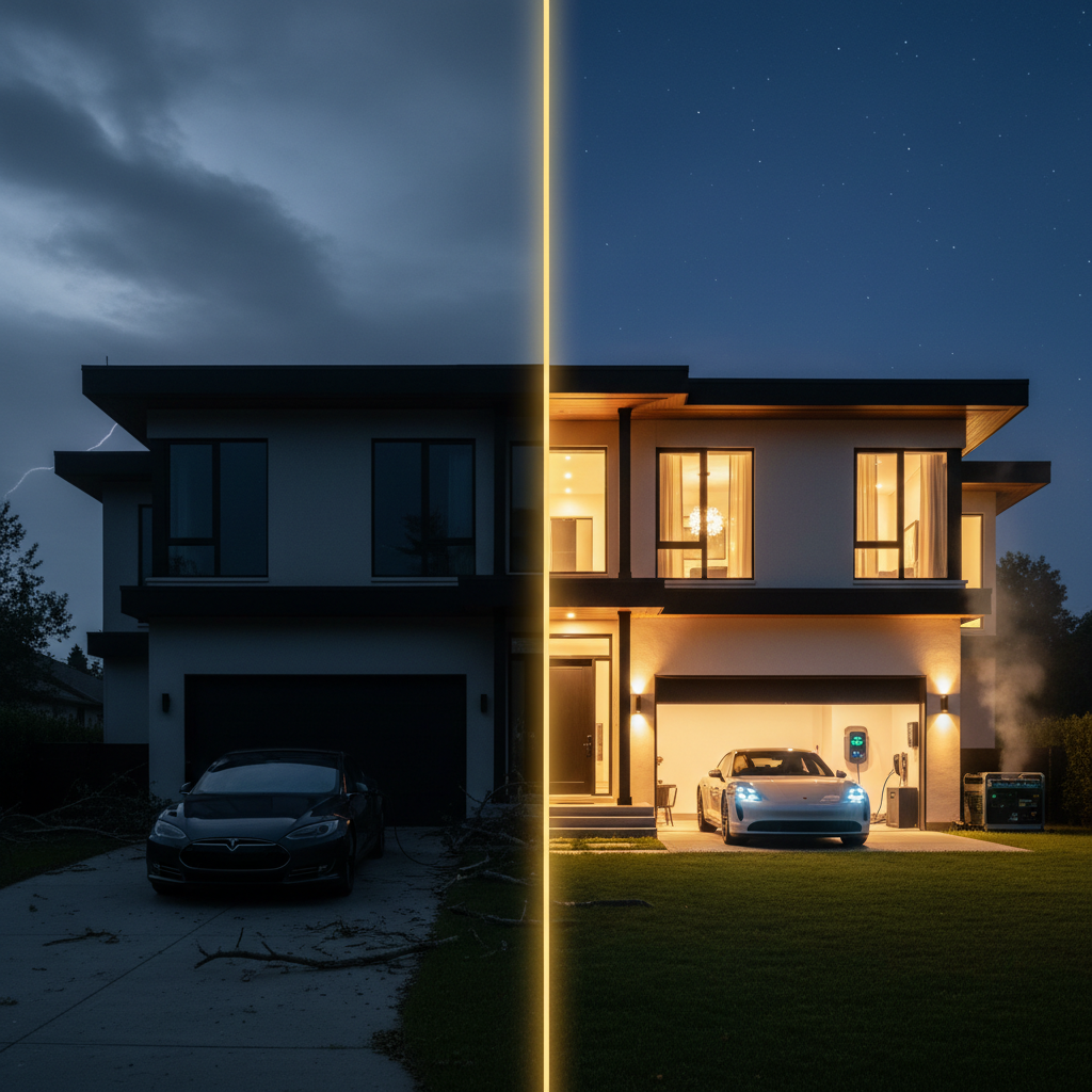 Split view: dark home without power on the left, illuminated Fortress-protected home with EV charging on the right